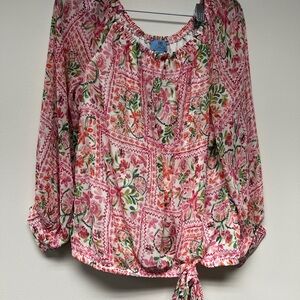 CeCe Pink Floral Blouse with Tie Hem